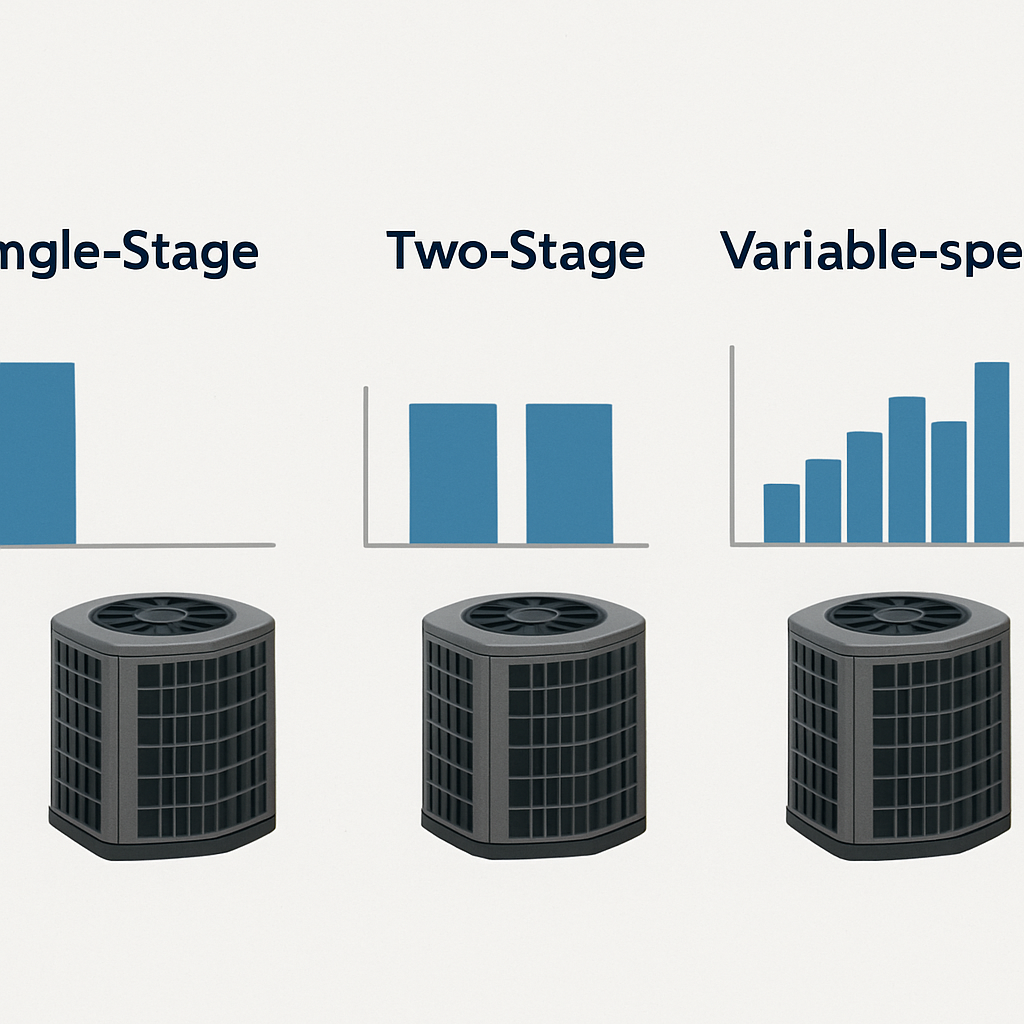 Single-stage, two-stage, and variable-speed HVAC 
