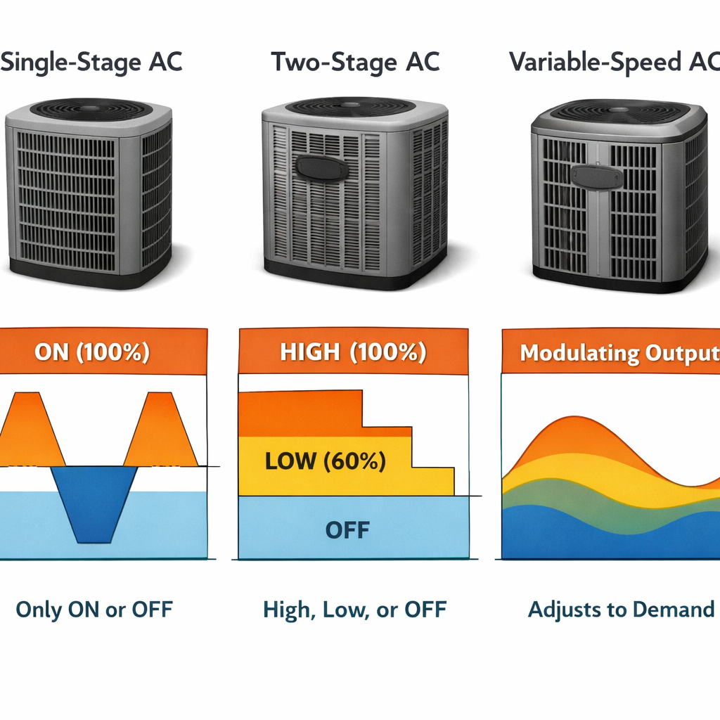 single-stage, two-stage, and variable-speed air conditioners