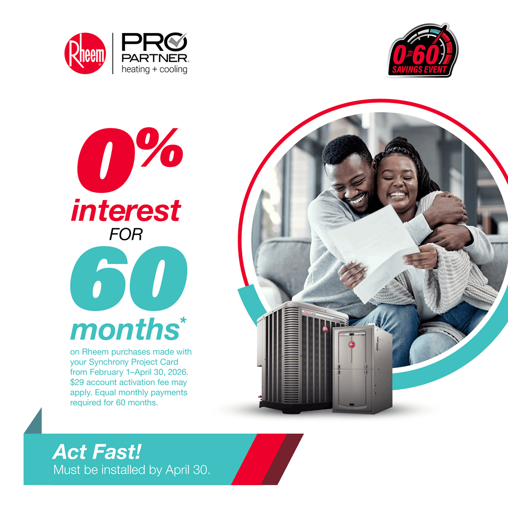 Rheem Financing promotion 0% interest for 60 months on qualifying Rheem HVAC Systems