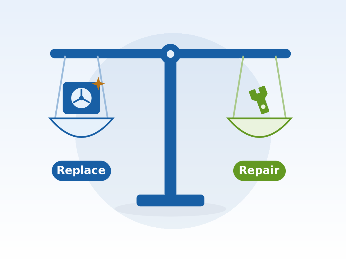 Balance scale weighing an HVAC repair against a replacement, sitting level to represent an unbiased assessment
