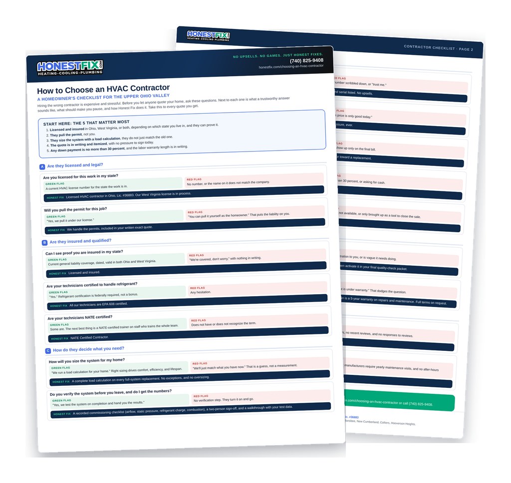 Preview of the two-page Honest Fix homeowner checklist, with each question paired to a green flag and a red flag.