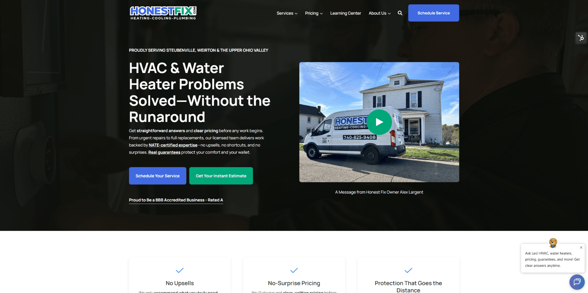 Screenshot showing where Leo appears in the bottom right corner of the Honest Fix website