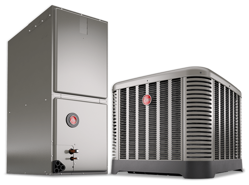 Rheem heat pump and matching air handler shown in a clean product display.