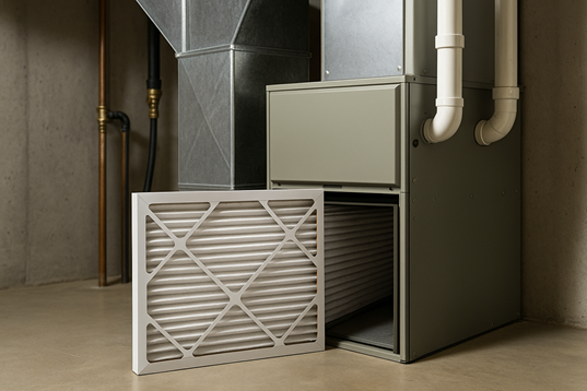 furnace in basement with air filter sitting out