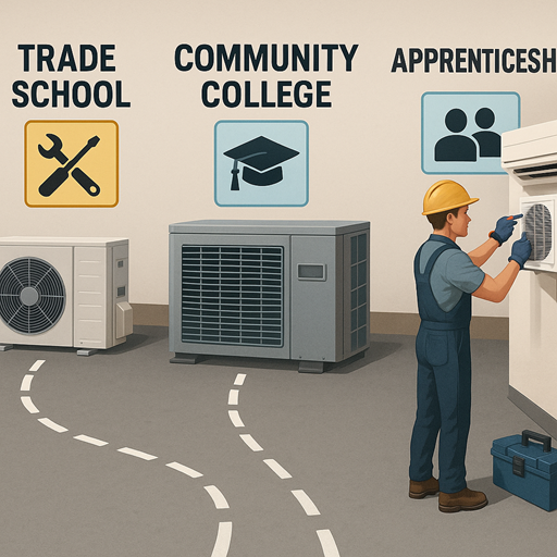 Infographic showing three HVAC career paths—Trade School, Community College, and Apprenticeship—with icons, HVAC units, and a technician working on equipment in a training lab.